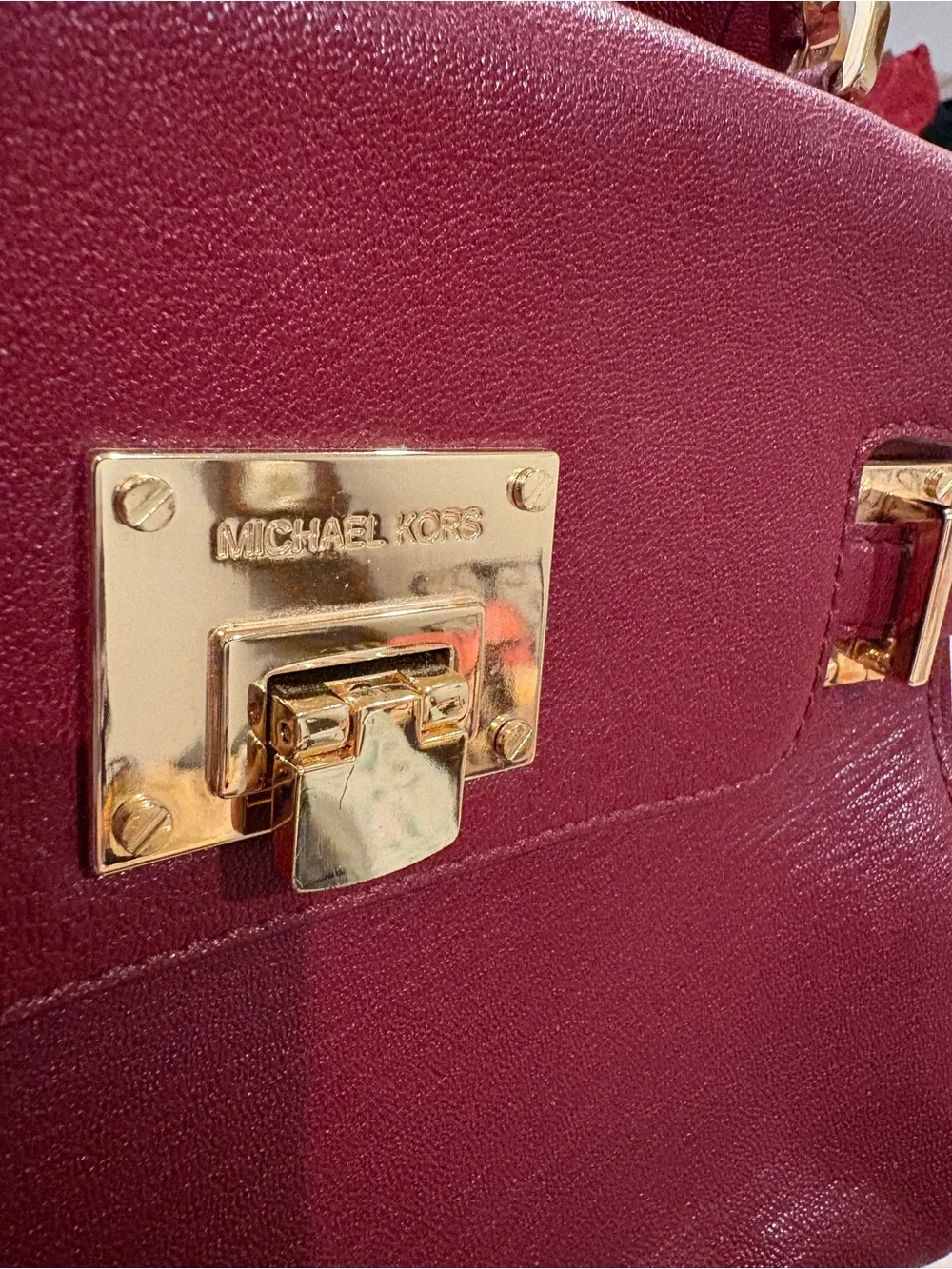 Michael Kors Wine Leather Top-Handle Satchel with Gold Hardware